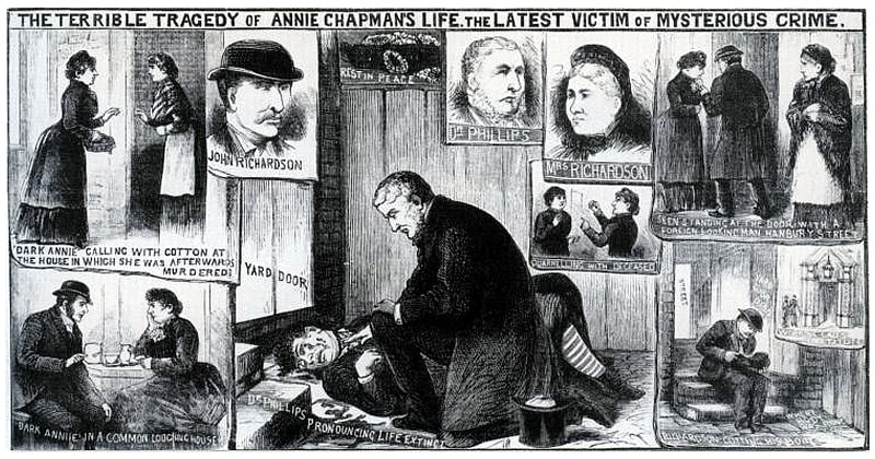 Dr Phillips examining the body of Annie Chapman in a press drawing of 1888 (The Illustrated Police News).. Period illustration: an artist's impression, not a photograph
