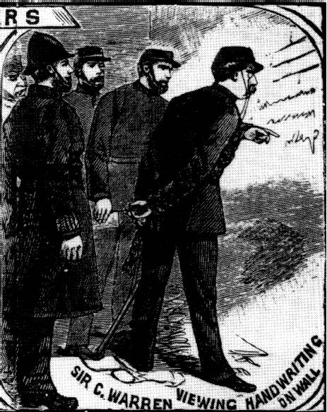 The Illustrated Police News - 20 October 1888 - Sir Charles Warren viewing handwriting on wall. Period illustration: an artist's impression, not a photograph