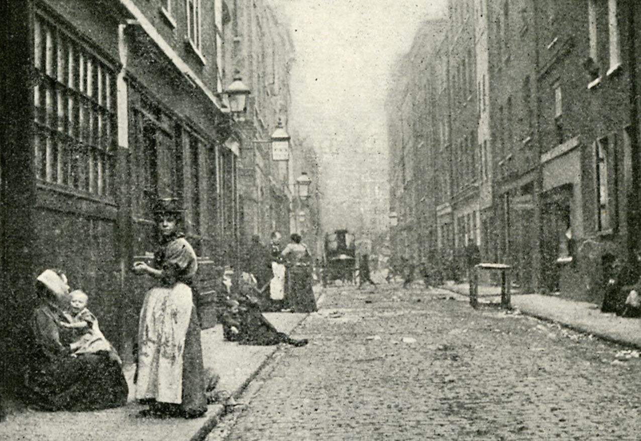 Dorset Street, SpitalfieldsDorset Street, UK, photographed in 1902 for Jack London's book The People of the Abyss. Miller's Court was reached through an alleyway on the right.Photograph first published in Jack London, The People of the Abyss, Macmillan, New York, 1903, 319 p., page 2. [1]