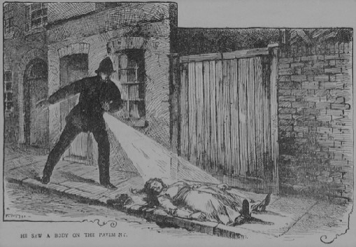 Popular illustration of PC Neil finding the body of Mary Ann Nichols by lantern-light (date of publication uncertain; Commons gives 1903).. Period illustration: an artist's impression, not a photograph
