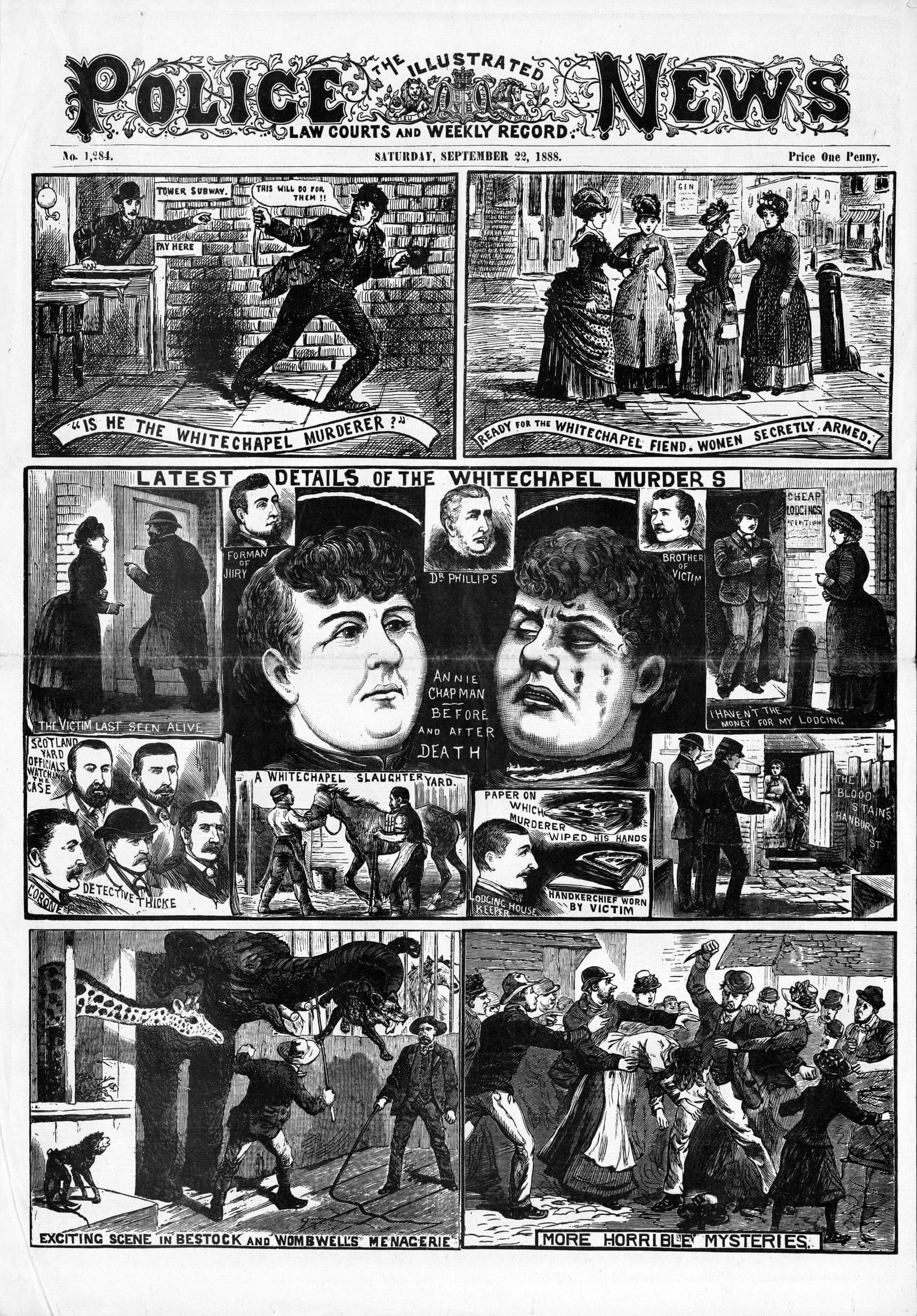 Illustrated Police News front page, 22 Sep 1888 ("Annie Chapman - before and after death"). Period illustration: an artist's impression, not a photograph or verified likeness