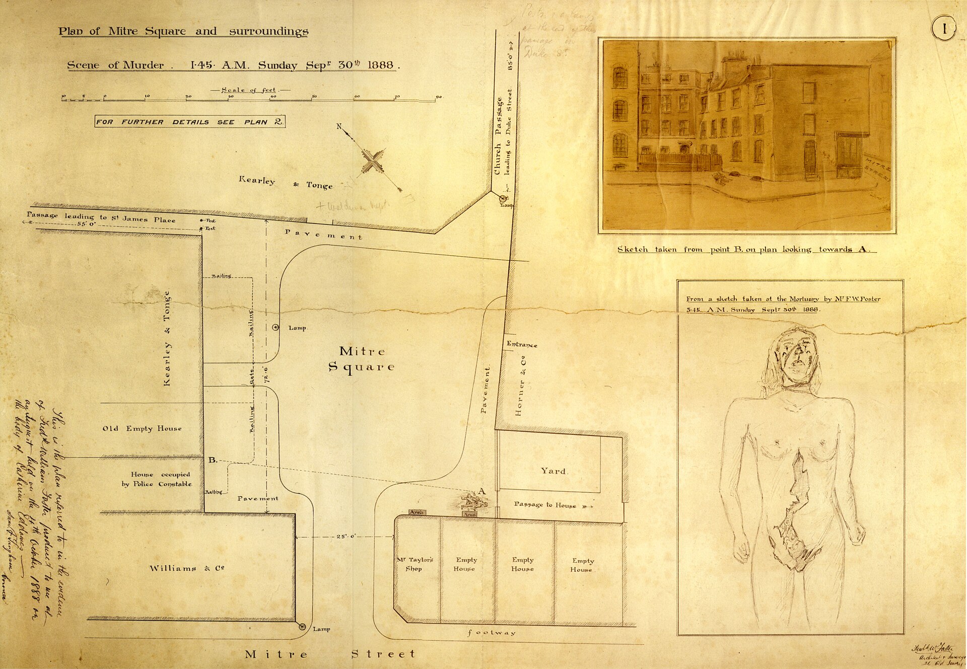 Frederick Foster's plan of Mitre Square, produced at the inquest, 1888. Period plan (1888)