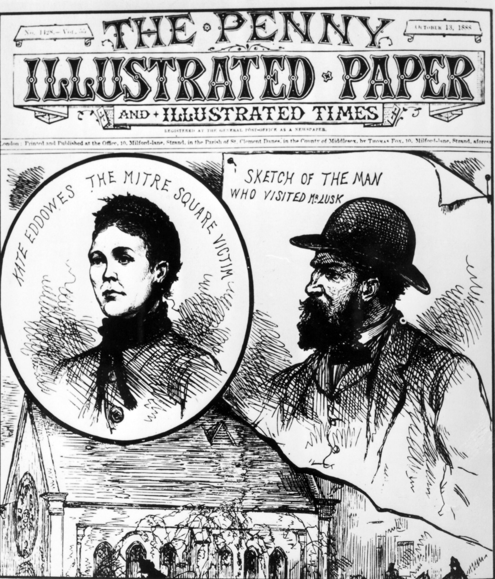 Sketch of Catherine Eddowes and a suspect (Penny Illustrated Paper, 13 Oct 1888). Period illustration: an artist's impression, not a photograph or verified likeness