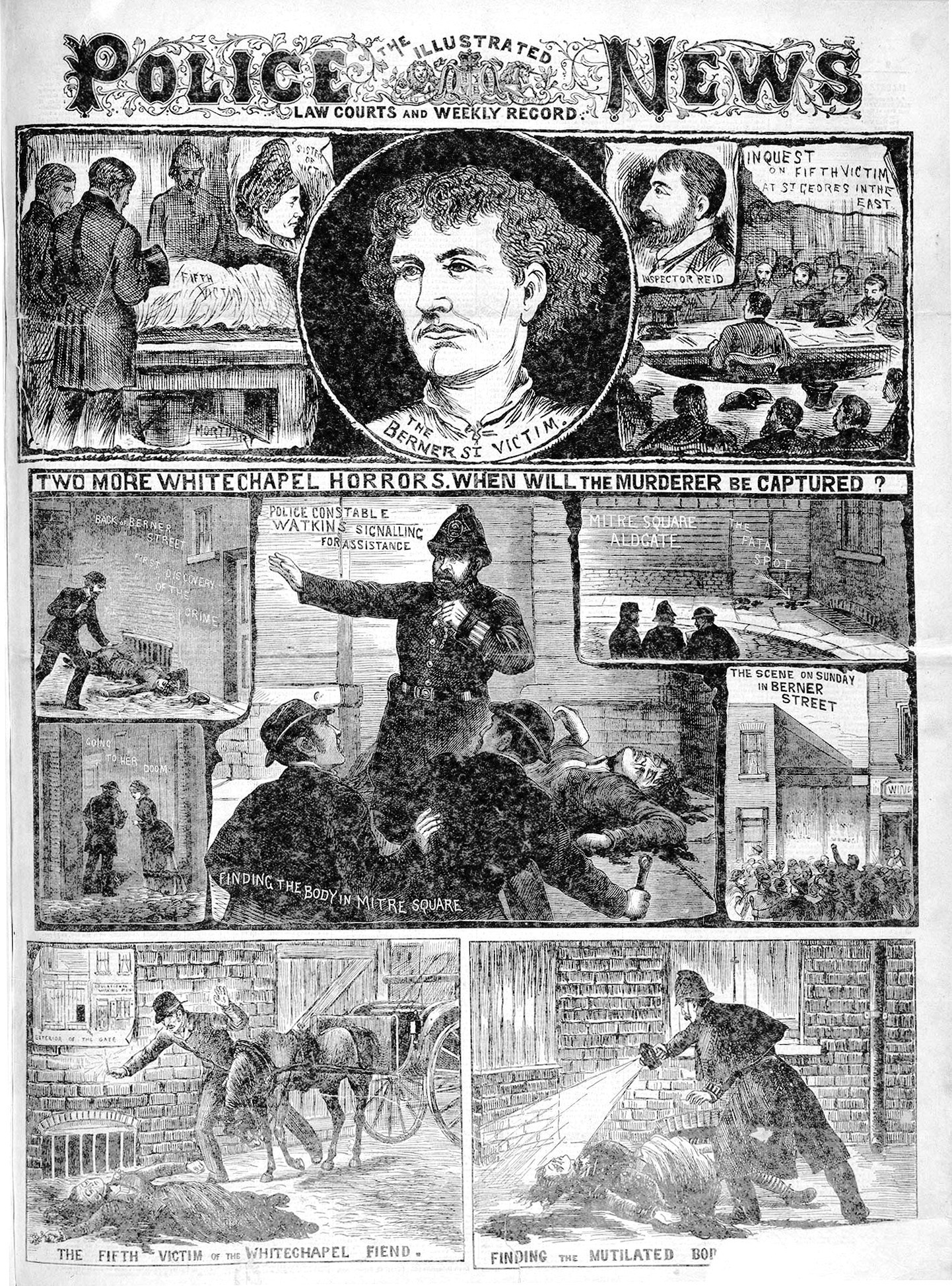Illustrated Police News, 6 Oct 1888: Stride and Eddowes. Period illustration: an artist's impression, not a photograph or verified likeness